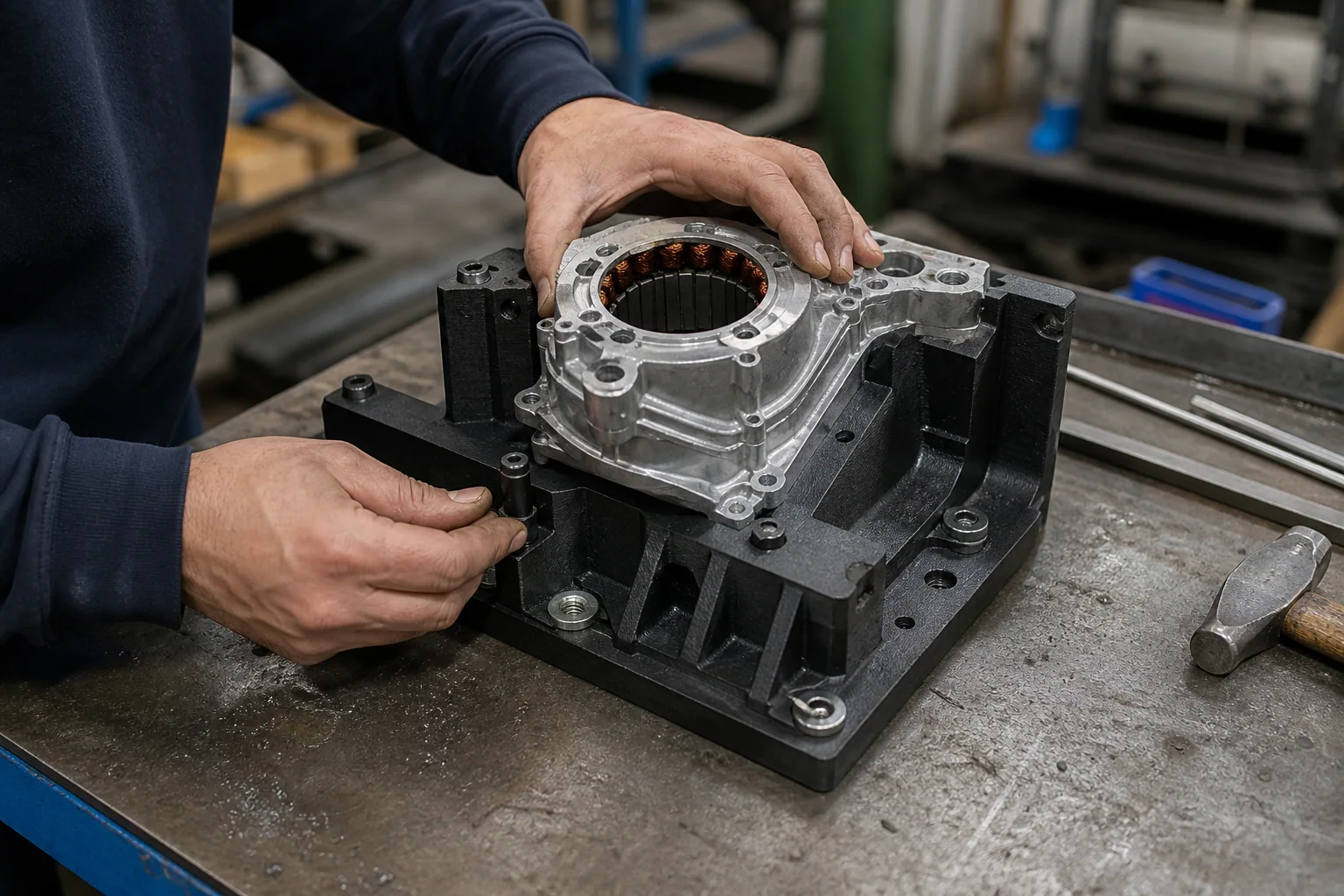 ABS-CF printed assembly fixture locating a machined electric motor housing on a workbench