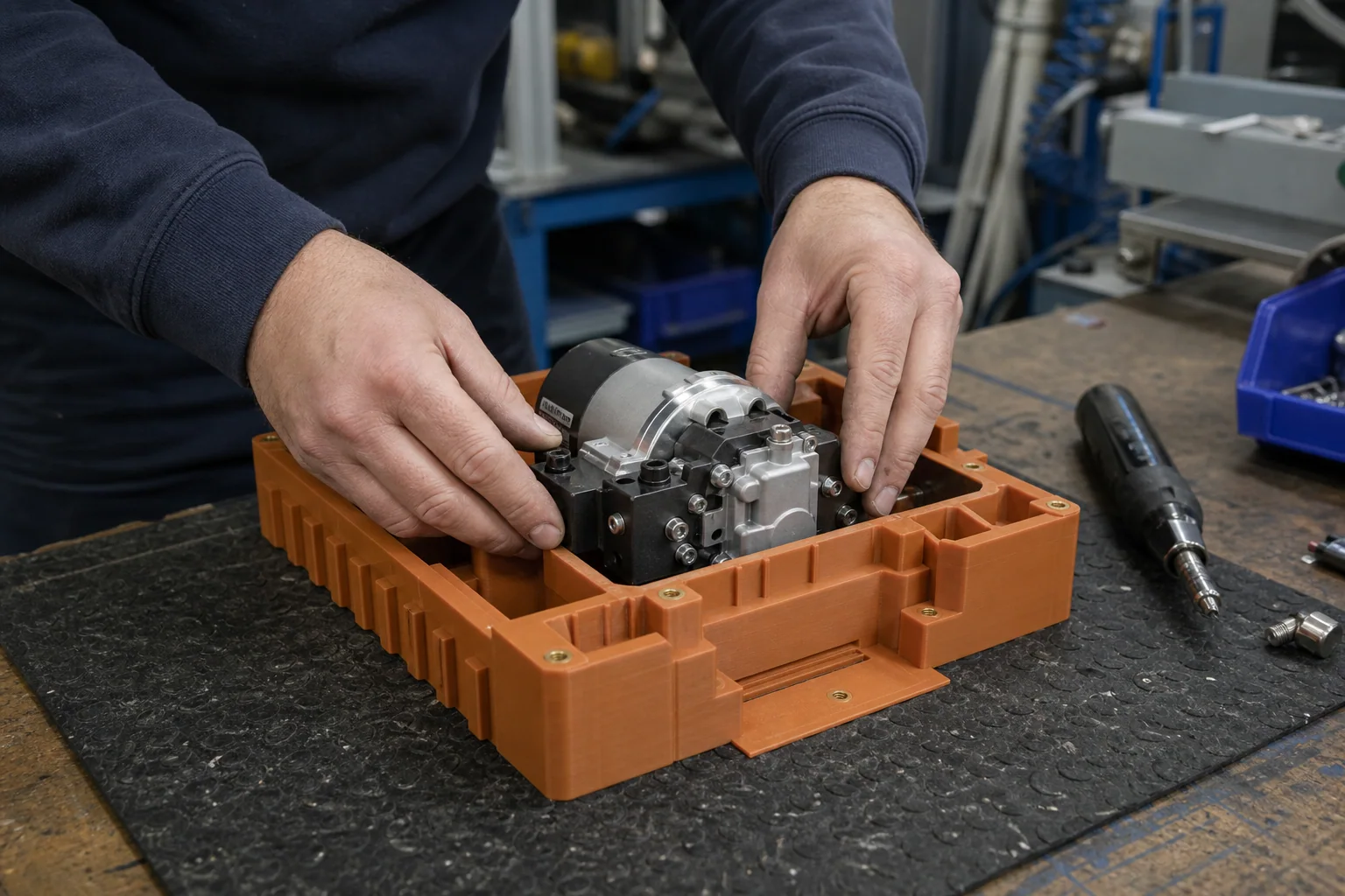 Orange ABS-GF printed assembly nest holding an electromechanical actuator on a production bench
