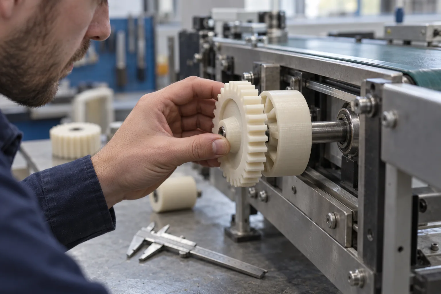 Ivory 3D printed gear and roller being fitted to a small conveyor machine