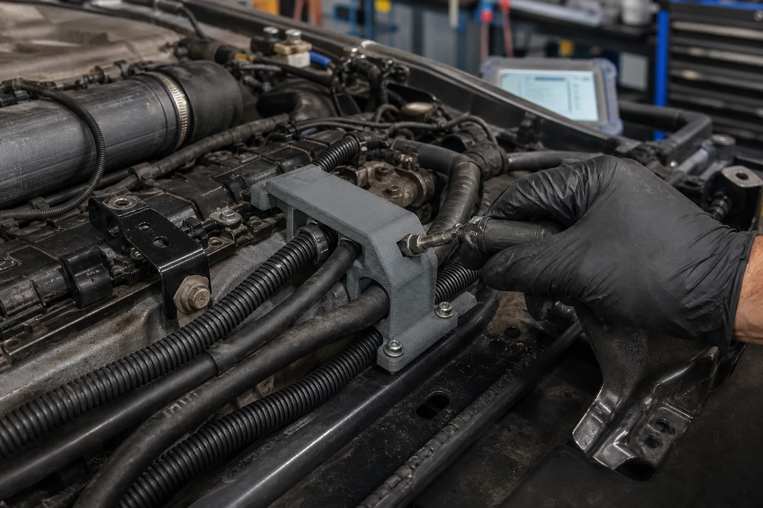 PA6-GF printed hose and cable bracket installed in an automotive engine bay