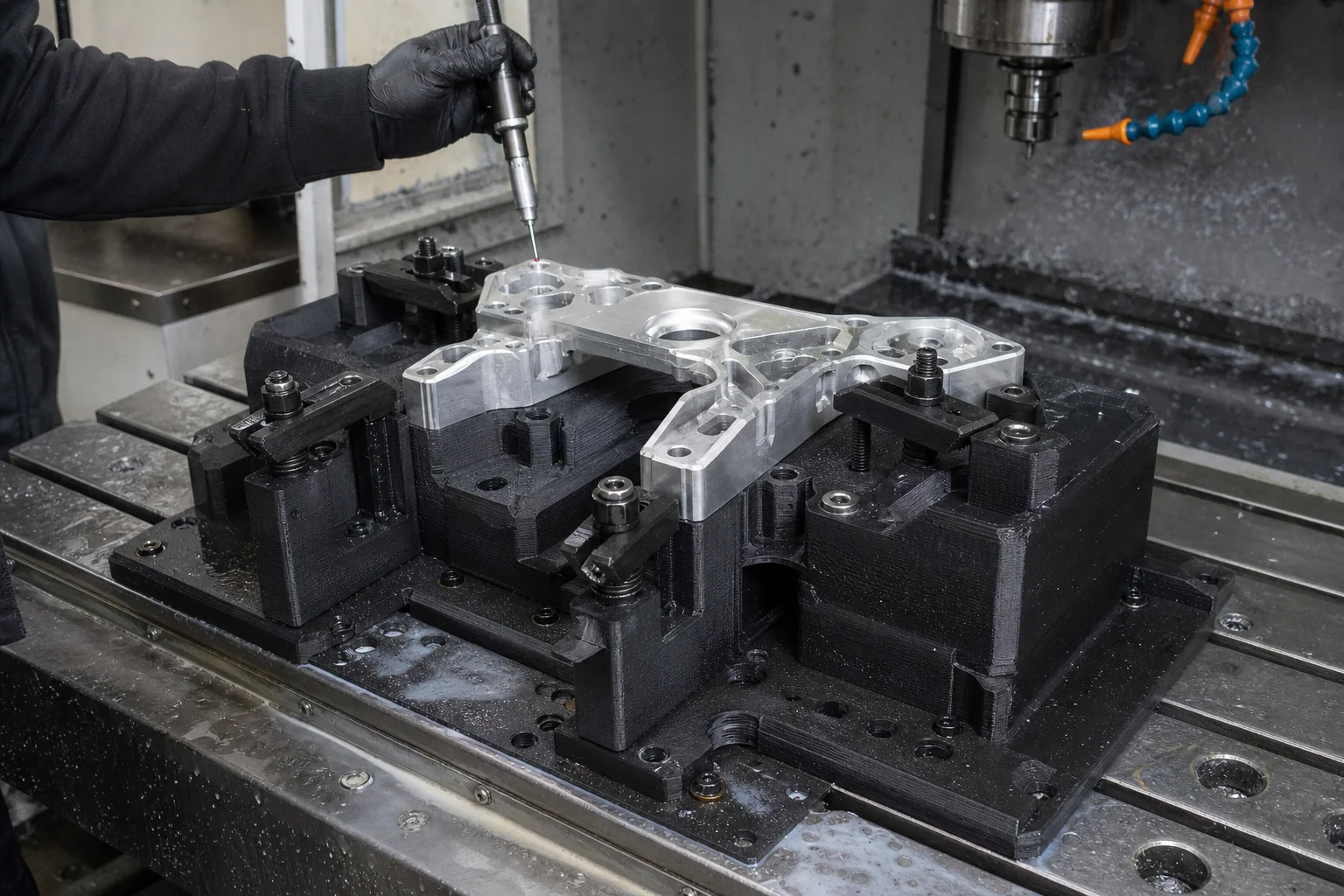 PAHT-CF printed CNC workholding fixture securing an aluminium component in a machining centre