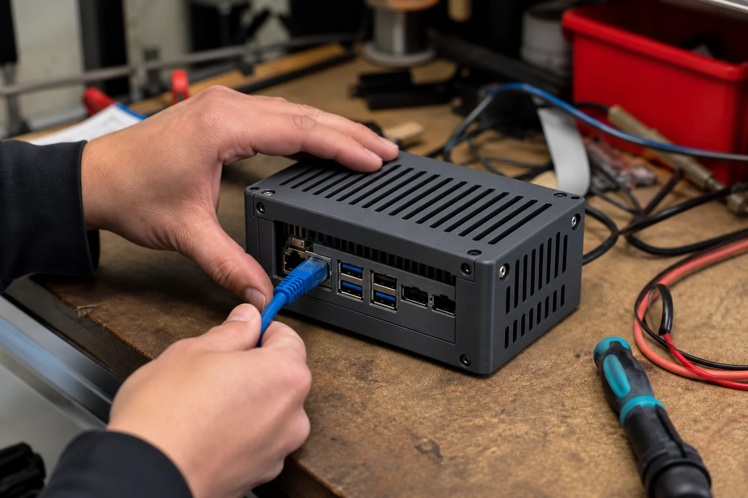 PETG printed enclosure protecting a compact single-board computer on an electronics workbench