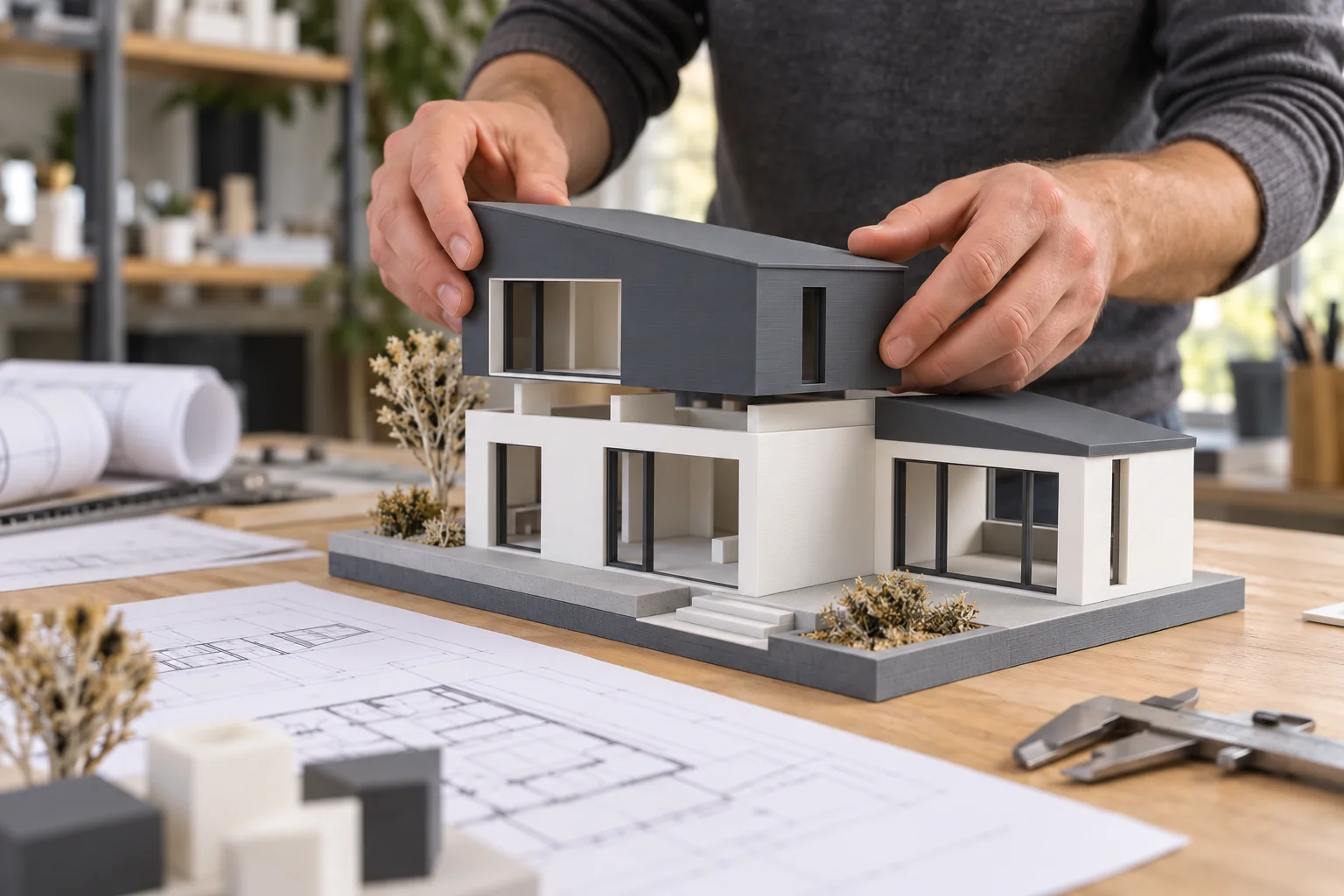 Matte white 3D printed architectural scale model on a design worktable