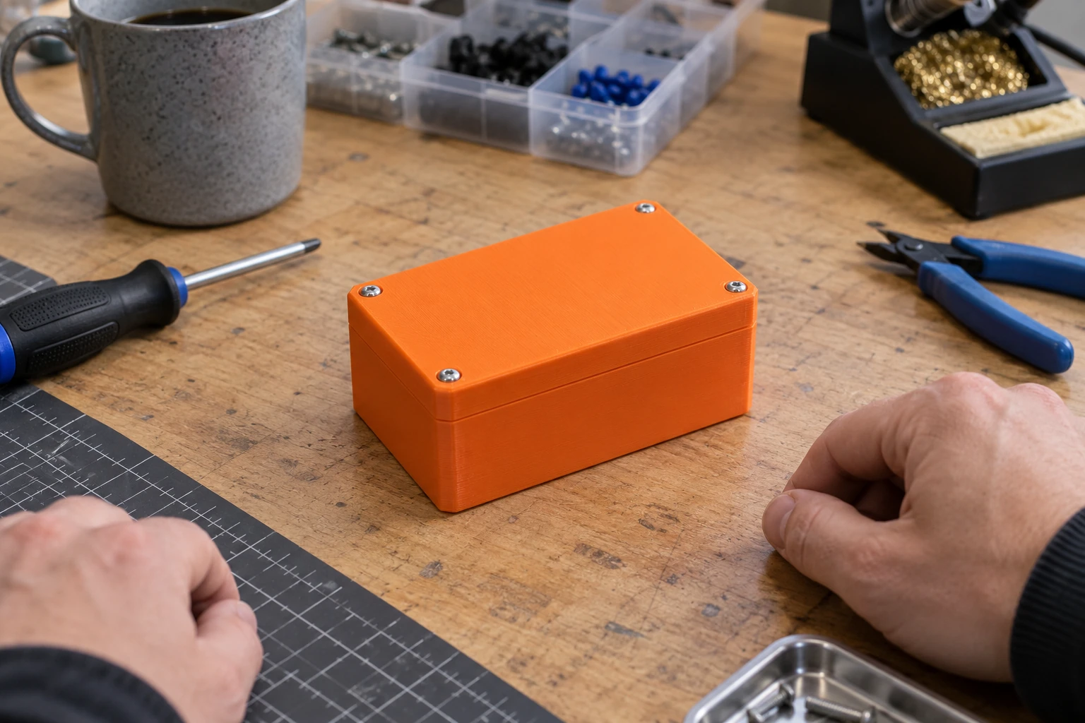 Orange 3D printed screw-fastened electronics enclosure with a square closed lid on a workshop bench