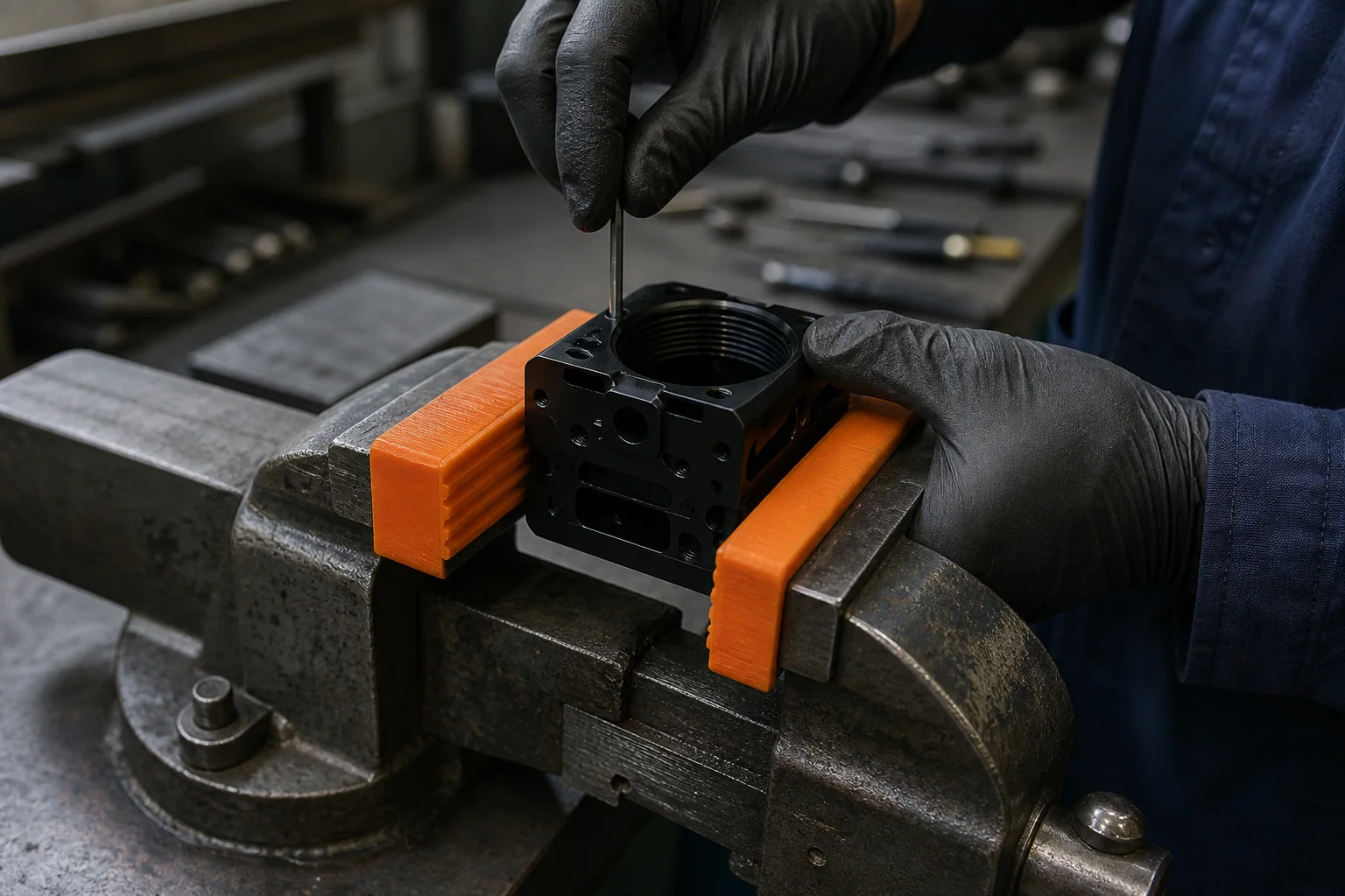 Orange TPU printed soft jaws protecting a black machined component in a workshop vice